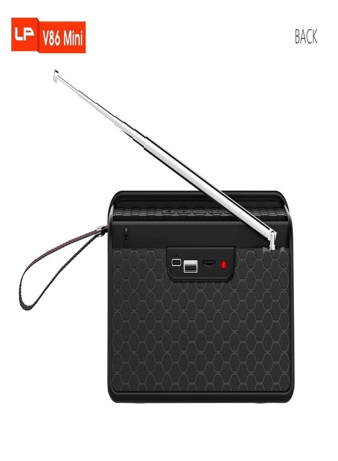 The LP V86 Mini is a portable wireless speaker featuring a modern, compact design, colorful RGB lighting, powerful bass, a 74cm antenna for FM radio reception, and a built-in smartphone holder for easy video and music viewing. - Image 5
