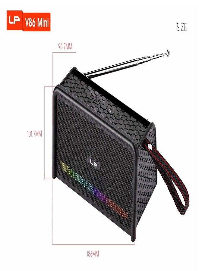 The LP V86 Mini is a portable wireless speaker featuring a modern, compact design, colorful RGB lighting, powerful bass, a 74cm antenna for FM radio reception, and a built-in smartphone holder for easy video and music viewing. - Image 2