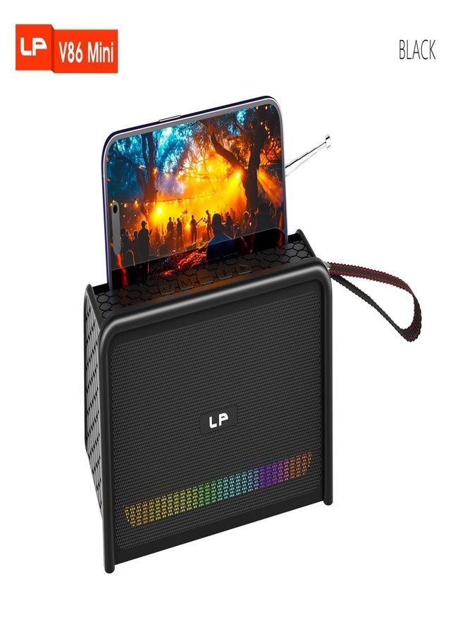 The LP V86 Mini is a portable wireless speaker featuring a modern, compact design, colorful RGB lighting, powerful bass, a 74cm antenna for FM radio reception, and a built-in smartphone holder for easy video and music viewing. - Image 1