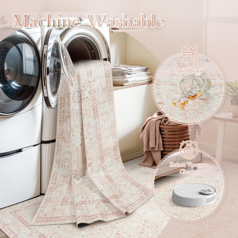 LIVEBOX 5x7 Washable Rug, Soft Boho Pink Rugs for Bedroom Girls, Non-Slip Vintage Floral Rugs for Living Room, Ultra-Thin Non-Shedding Large Area Rug for Dining Room, Nursery, Home Office, Light Pink - Image 4