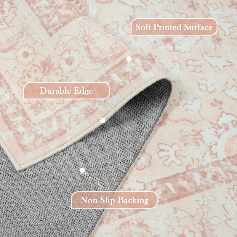 LIVEBOX 5x7 Washable Rug, Soft Boho Pink Rugs for Bedroom Girls, Non-Slip Vintage Floral Rugs for Living Room, Ultra-Thin Non-Shedding Large Area Rug for Dining Room, Nursery, Home Office, Light Pink - Image 3
