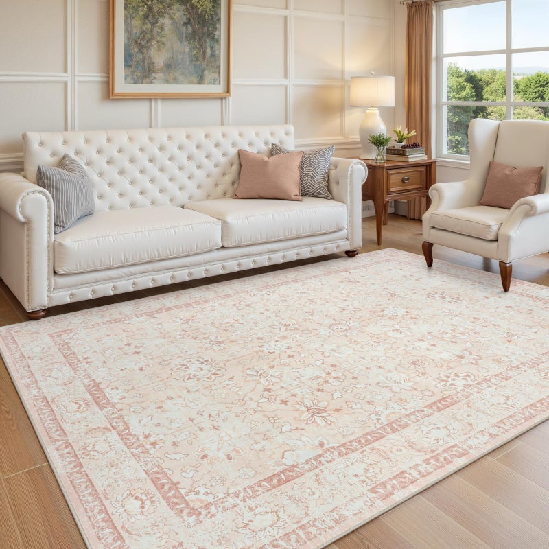 LIVEBOX 5x7 Washable Rug, Soft Boho Pink Rugs for Bedroom Girls, Non-Slip Vintage Floral Rugs for Living Room, Ultra-Thin Non-Shedding Large Area Rug for Dining Room, Nursery, Home Office, Light Pink - Image 1