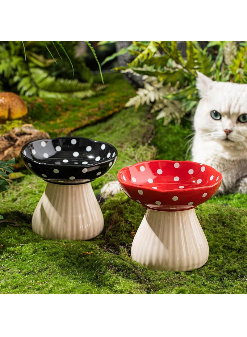 Mushroom Raised Cat Bowl, Cute Polka Dot Ceramic High Feet To Protect The Cervical Vertebrae And Prevent The Cat Bowl From Tipping Over. Cat Food And Water Bowl, For Small Dogs (Black) - Image 2