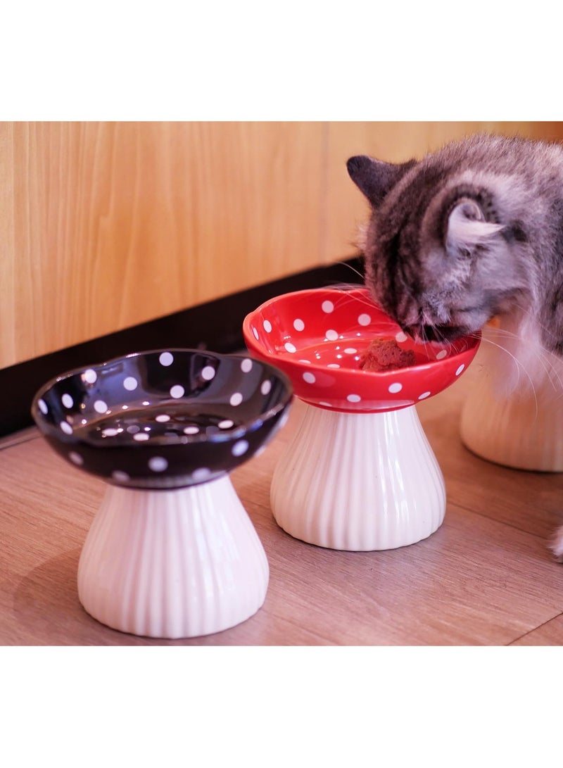 Mushroom Raised Cat Bowl, Cute Polka Dot Ceramic High Feet To Protect The Cervical Vertebrae And Prevent The Cat Bowl From Tipping Over. Cat Food And Water Bowl, For Small Dogs (Black) - Image 4
