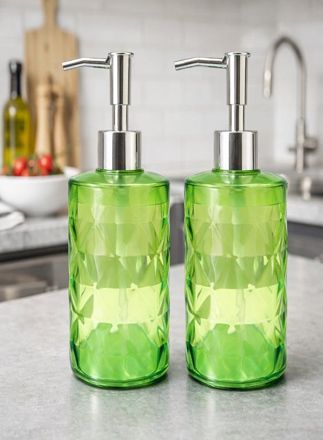 Bigining® 300ml Refillable Soap Dispenser Set (Pack of 2) | Transparent Geometric Plastic Handwash Bottles with BPA-Free Pump | Modern Countertop Dispensers for Bathroom & Kitchen (Green') - Image 3