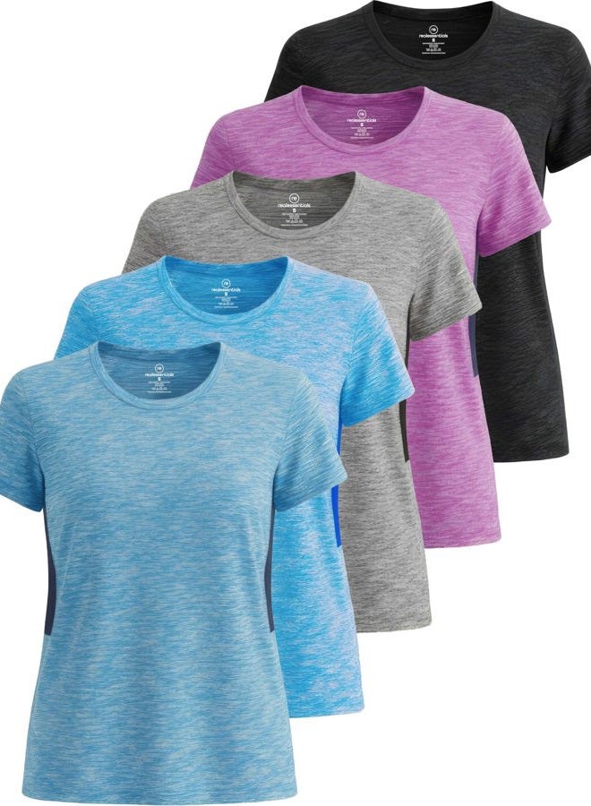 REALESSENTIALS 5 Pack: Women's Dry Fit Tech Stretch Short-Sleeve Crew Neck Athletic T-Shirt (Available in Plus Size), Set 4, L - Image 1