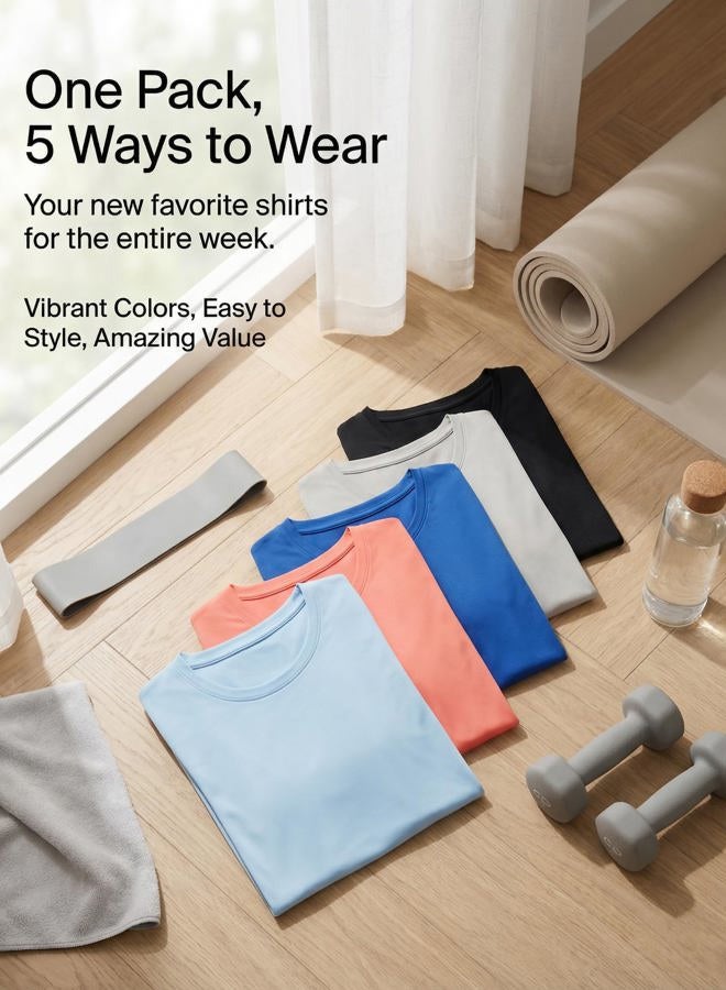 REALESSENTIALS 5 Pack: Women's Dry Fit Tech Stretch Short-Sleeve Crew Neck Athletic T-Shirt (Available in Plus Size), Set 4, L - Image 4