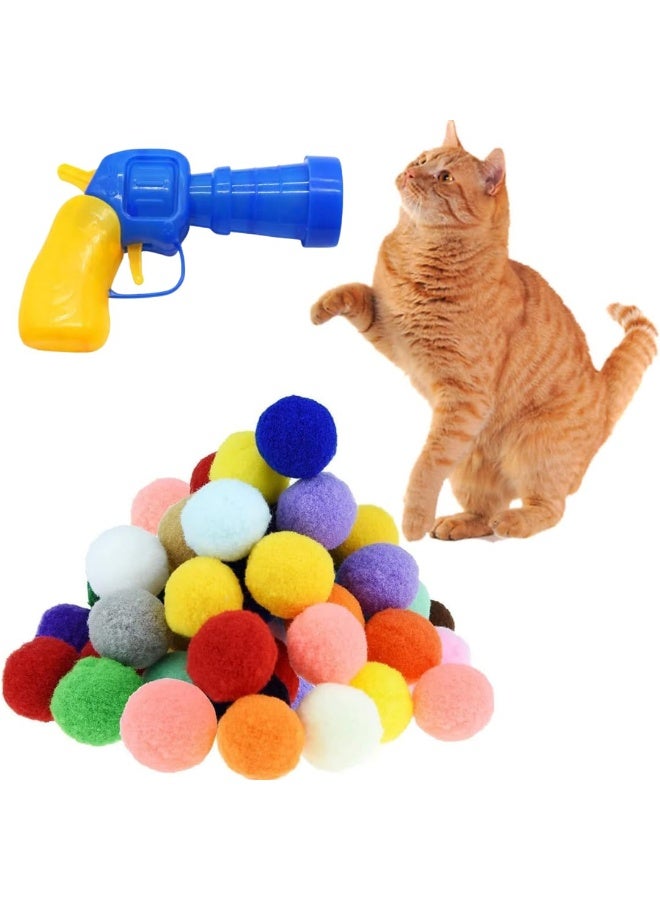 العنوان: 30 كرة بوم بوم ناعمة للقطط مع لعبة قاذفة الكرات، ألعاب تفاعلية للتدريب واللعب - منتجات الحيوانات الأليفة (3.0 سم مع قاذف) - Image 1