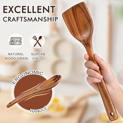 ICSTI Wooden Spoons for Cooking, 10 Pcs Natural Teak Wood Kitchen Utensils Set, Comfortable Grip Wooden Utensil Set for Nonstick Pans & Cookware, Heat Resistant Wooden Spoons Wooden Spatulas Set - Image 5