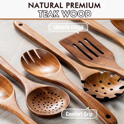 ICSTI Wooden Spoons for Cooking, 10 Pcs Natural Teak Wood Kitchen Utensils Set, Comfortable Grip Wooden Utensil Set for Nonstick Pans & Cookware, Heat Resistant Wooden Spoons Wooden Spatulas Set - Image 2