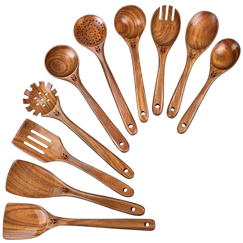 ICSTI Wooden Spoons for Cooking, 10 Pcs Natural Teak Wood Kitchen Utensils Set, Comfortable Grip Wooden Utensil Set for Nonstick Pans & Cookware, Heat Resistant Wooden Spoons Wooden Spatulas Set - Image 1