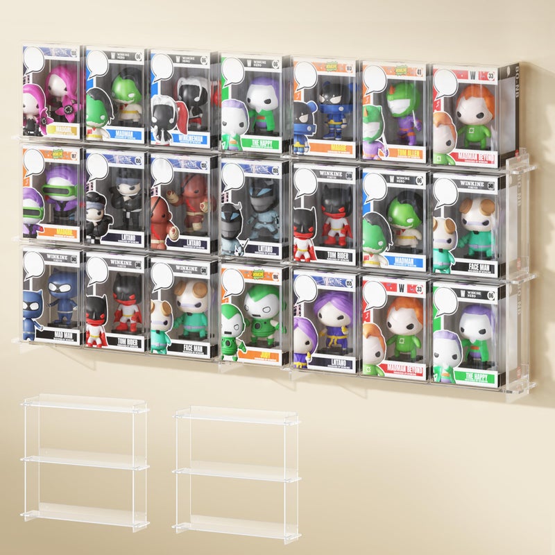 WINKINE Wall Display Shelves Compatible with 21 Funko Pop in Box Easy Install Only 2 Screws per Shelf Acrylic Floating Shelves Stackable Action Figure Stand Collectibles Display Case 2 Pack - Image 2