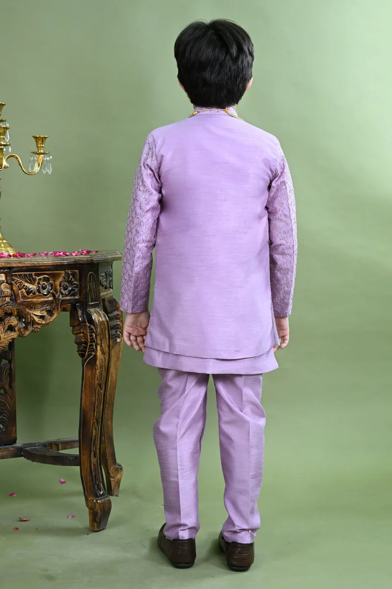 BT DEZINES Boys Purple Cotton Silk Sherwani Set