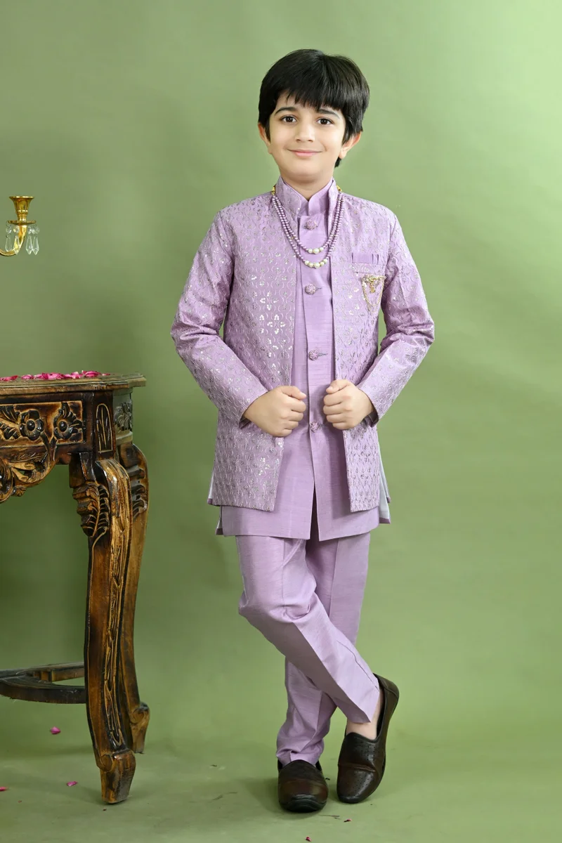 Boys Purple Cotton Silk Sherwani Set