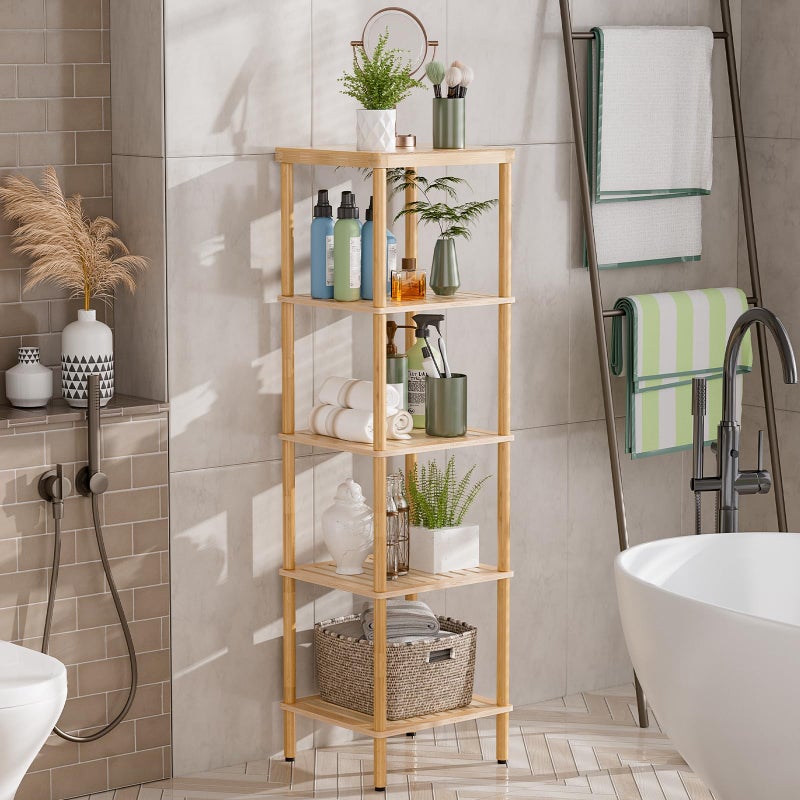 AmazerBath 5-Tier Bamboo Bathroom Shelf, Bathroom Standing Shelves, Multifunctional Shelving Unit for Living Room Bedroom Kitchen, Natural Color - Image 5