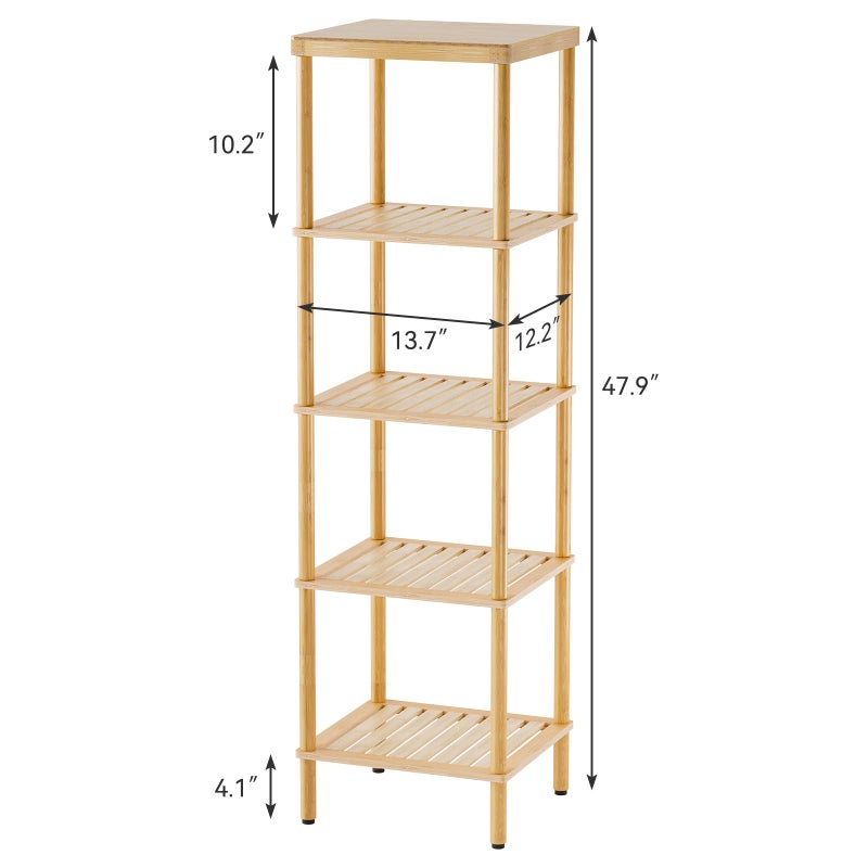 AmazerBath 5-Tier Bamboo Bathroom Shelf, Bathroom Standing Shelves, Multifunctional Shelving Unit for Living Room Bedroom Kitchen, Natural Color - Image 1