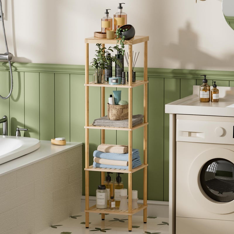AmazerBath 5-Tier Bamboo Bathroom Shelf, Bathroom Standing Shelves, Multifunctional Shelving Unit for Living Room Bedroom Kitchen, Natural Color - Image 2