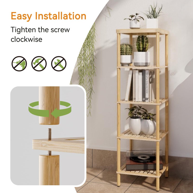 AmazerBath 5-Tier Bamboo Bathroom Shelf, Bathroom Standing Shelves, Multifunctional Shelving Unit for Living Room Bedroom Kitchen, Natural Color - Image 3