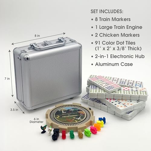 CHH Mexican Train & Chicken Domino Set – Professional Set of 91 Double 12 Dominoes Aluminum Case – Interactive Hub with Sounds - Image 3