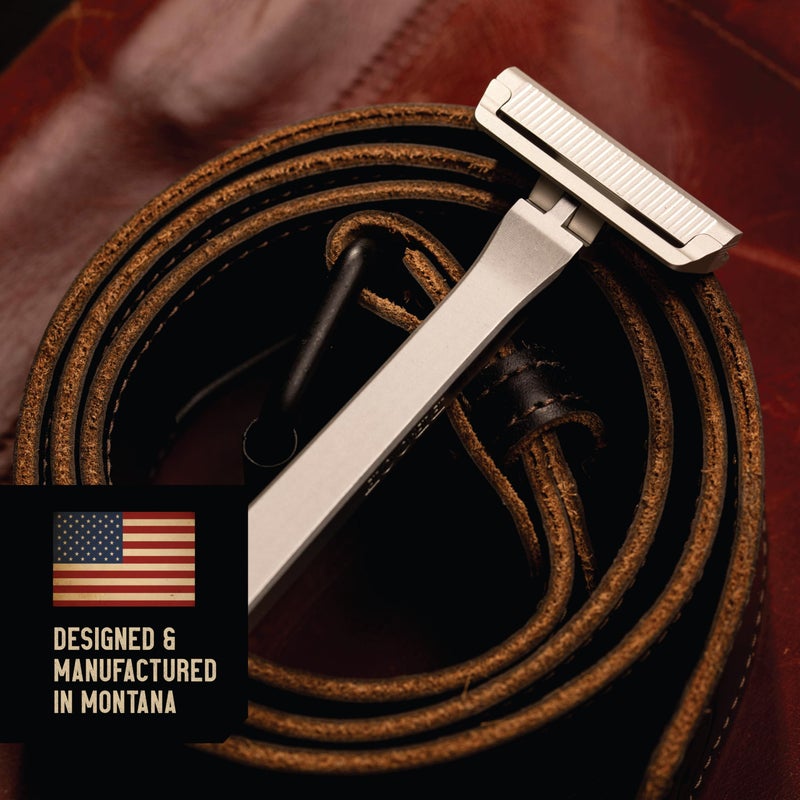 Proof Benchmark Single Blade Razor CNC Machined Aluminum Metal - Made in USA - Pivoting Head for a Smooth & Comfortable Shave - Easy Blade Replacement - Durable Design with Grooved Cap & Leather Case - Image 2