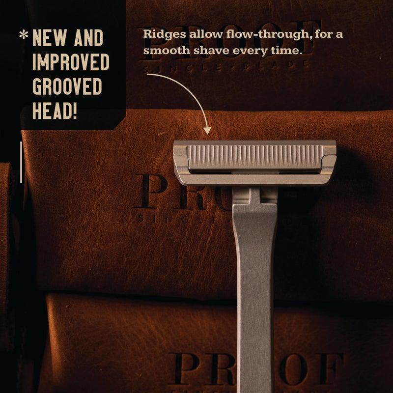 Proof Benchmark Single Blade Razor CNC Machined Aluminum Metal - Made in USA - Pivoting Head for a Smooth & Comfortable Shave - Easy Blade Replacement - Durable Design with Grooved Cap & Leather Case - Image 3