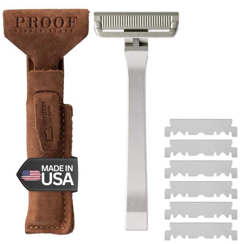Proof Benchmark Single Blade Razor CNC Machined Aluminum Metal - Made in USA - Pivoting Head for a Smooth & Comfortable Shave - Easy Blade Replacement - Durable Design with Grooved Cap & Leather Case - Image 1