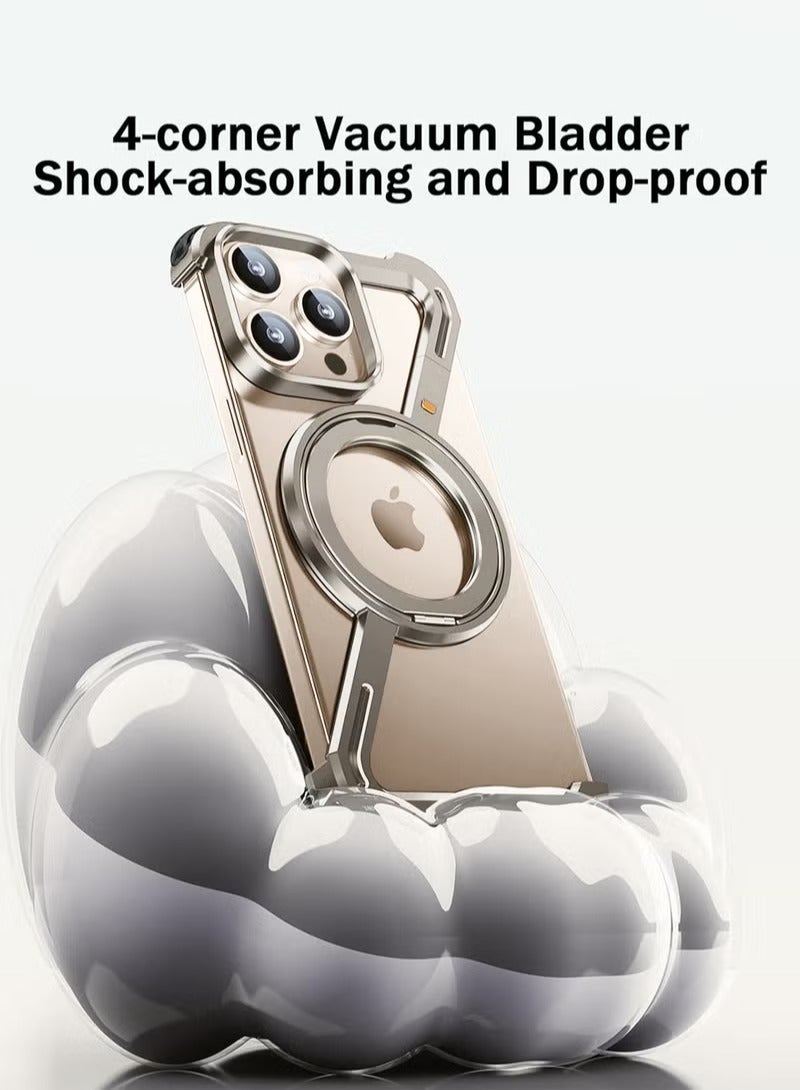 iPhone 16 Pro Case with 360° Rotating Kickstand | Frameless Aluminum Design Bumper Z Case | Shockproof, MagSafe Compatible, Metal Slim Protective Shell Silver  - Image 2