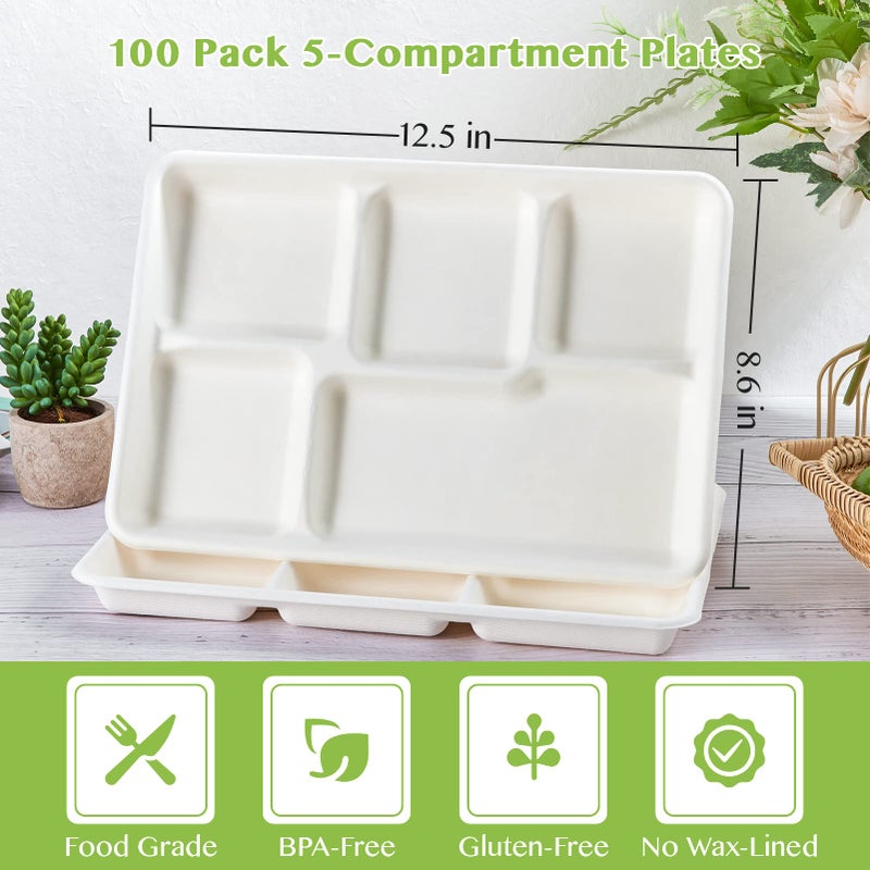 ECOLipak 100% Compostable 5 Compartment Plates, 100 Pack Disposable Compartment Paper Plates, 12.5 * 8.6 inch Biodegradable Sugarcane Plates, Eco-Friendly School Lunch Trays - Image 2