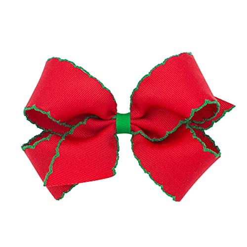 Wee Ones Girls' Classic Grosgrain Moonstitch Edge Hair Bow, No-Slip Hair Clip, Handmade, Red with Green, Medium - Image 1