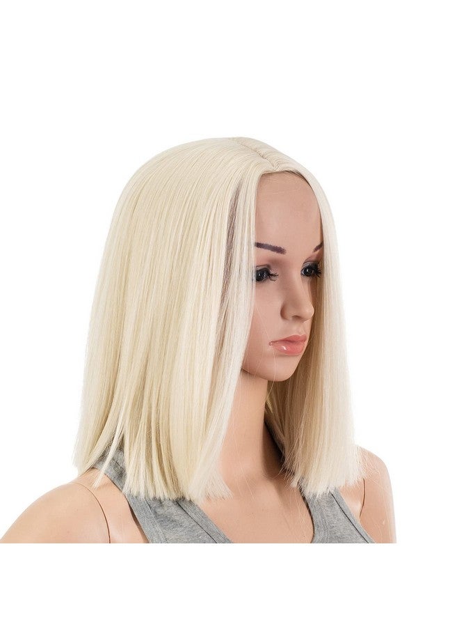 SWACC 12 Inch Short Length Straight Middle Part Hair Wig Synthetic Heat Resistant Wigs For Women With Wig Cap (Platinum Blonde) - Image 5
