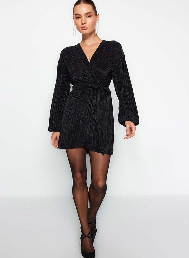 trendyol Black Belted A-Cut Lined Pleated Knitted Short Elegant Evening Dress TPRAW24EL00108 - Image 1