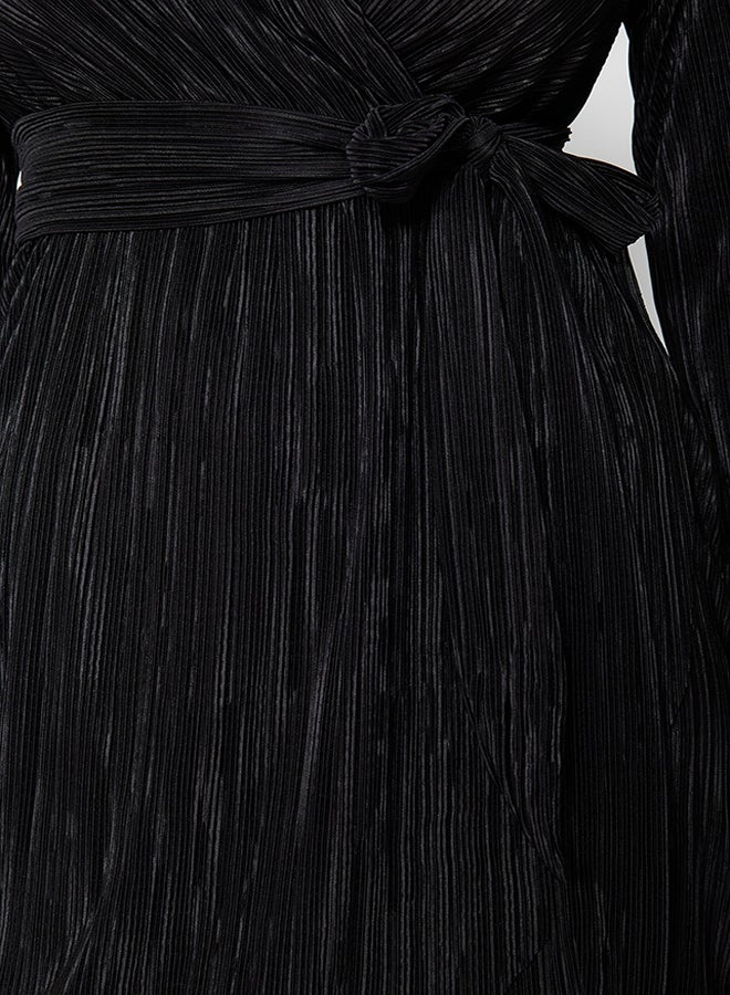 trendyol Black Belted A-Cut Lined Pleated Knitted Short Elegant Evening Dress TPRAW24EL00108 - Image 5