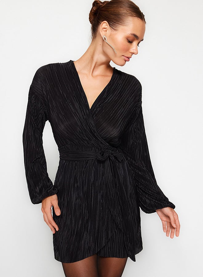 trendyol Black Belted A-Cut Lined Pleated Knitted Short Elegant Evening Dress TPRAW24EL00108 - Image 2