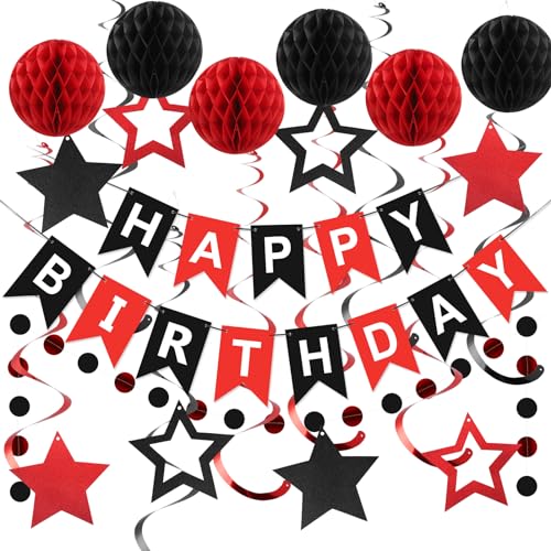 meowtastic Birthday Decorations, Happy Birthday Banner with Honeycomb Balls, Star Hanging Swirl Streamers, Circle Dots Garland, Happy Birthday Party Decorations for Women Men Boys Girls (Red & Black) - Image 1