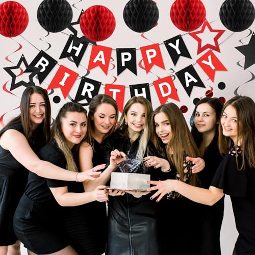 meowtastic Birthday Decorations, Happy Birthday Banner with Honeycomb Balls, Star Hanging Swirl Streamers, Circle Dots Garland, Happy Birthday Party Decorations for Women Men Boys Girls (Red & Black) - Image 3