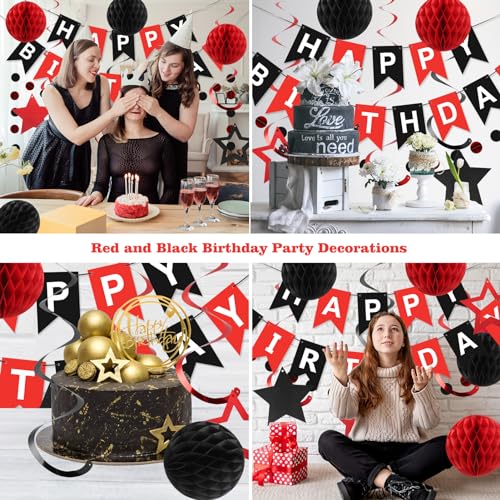 meowtastic Birthday Decorations, Happy Birthday Banner with Honeycomb Balls, Star Hanging Swirl Streamers, Circle Dots Garland, Happy Birthday Party Decorations for Women Men Boys Girls (Red & Black) - Image 4