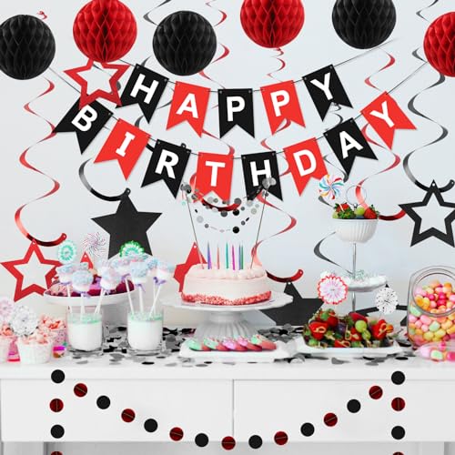 meowtastic Birthday Decorations, Happy Birthday Banner with Honeycomb Balls, Star Hanging Swirl Streamers, Circle Dots Garland, Happy Birthday Party Decorations for Women Men Boys Girls (Red & Black) - Image 2