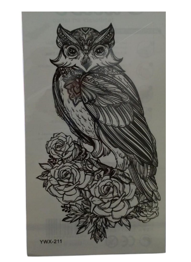Generic A black art tattoo featuring a detailed owl perched on a cluster of roses 