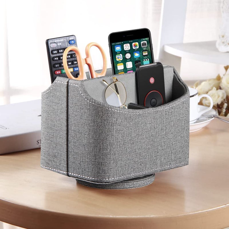 PUSU Leather 360Â°Rotatable Remote Control Holder,Nightstand TV Remote Caddy,Office Supplies Desktop Organizer,Spinning Storage Box for Pen,Mail,Phone,DVD, Blu-Ray, Media Player, Heater Controllers - Image 3