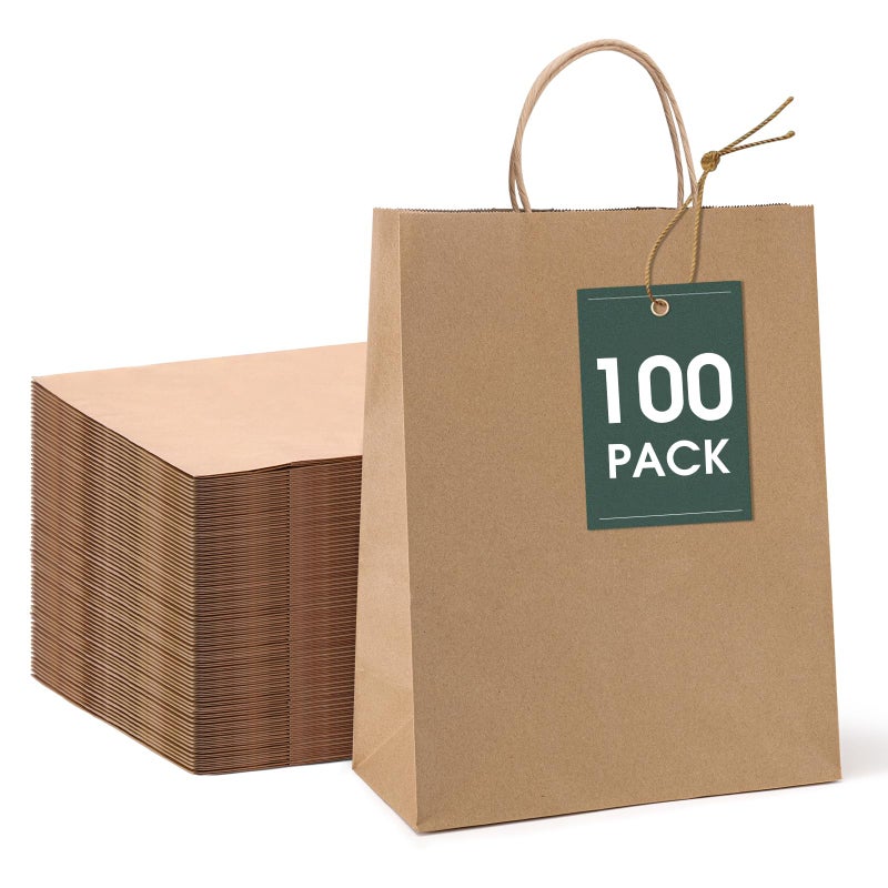 GSSUSA 10x5x13 100Pcs Brown Paper Bags with Handles Bulk Shopping Grocery Paper Bags Party Favor Retail Small Business Packaging Merchandise Boutique Wedding