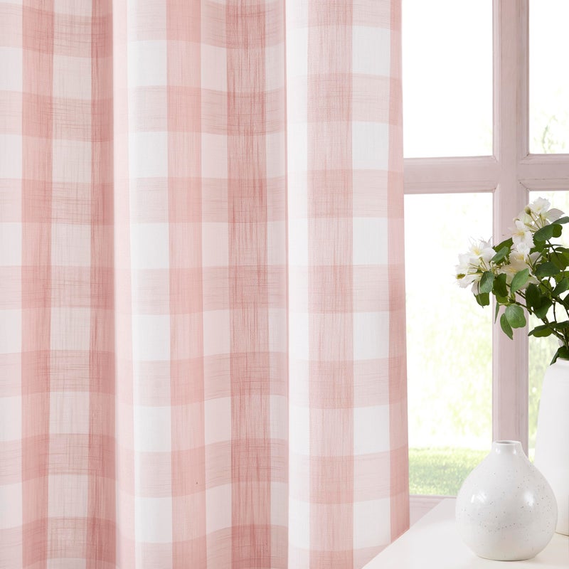 Jubilantex Buffalo Check Semi Sheer Curtain Panels Pink White Gingham Curtains Farmhouse Grommet Window Drapes for Living Room Bedroom 40"x63",2 Panels - Image 1