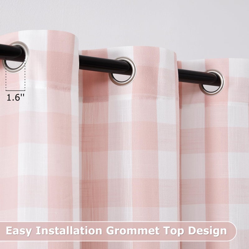 Jubilantex Buffalo Check Semi Sheer Curtain Panels Pink White Gingham Curtains Farmhouse Grommet Window Drapes for Living Room Bedroom 40"x63",2 Panels - Image 3