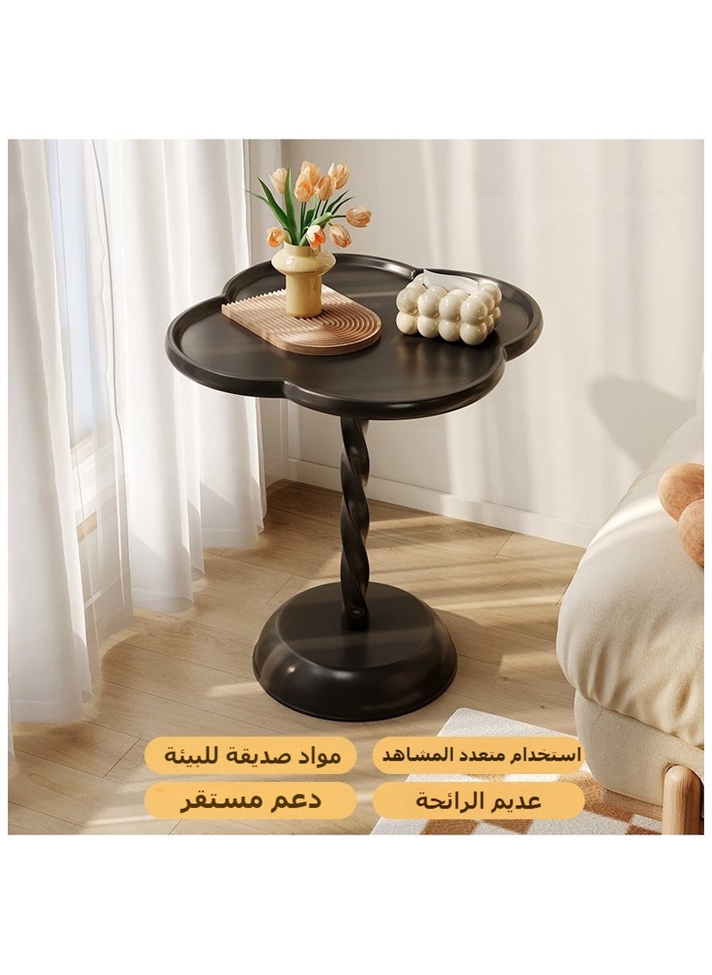 طاولة نهاية حديثة مقاس 50 × 55 سم للمساحات الصغيرة، طاولة نهاية مستديرة، طاولة بقاعدة مزخرفة، طاولة قهوة صغيرة على شكل البرسيم، طاولة جانبية لغرفة المعيشة للأريكة والأريكة وفناء الكرسي، أسود