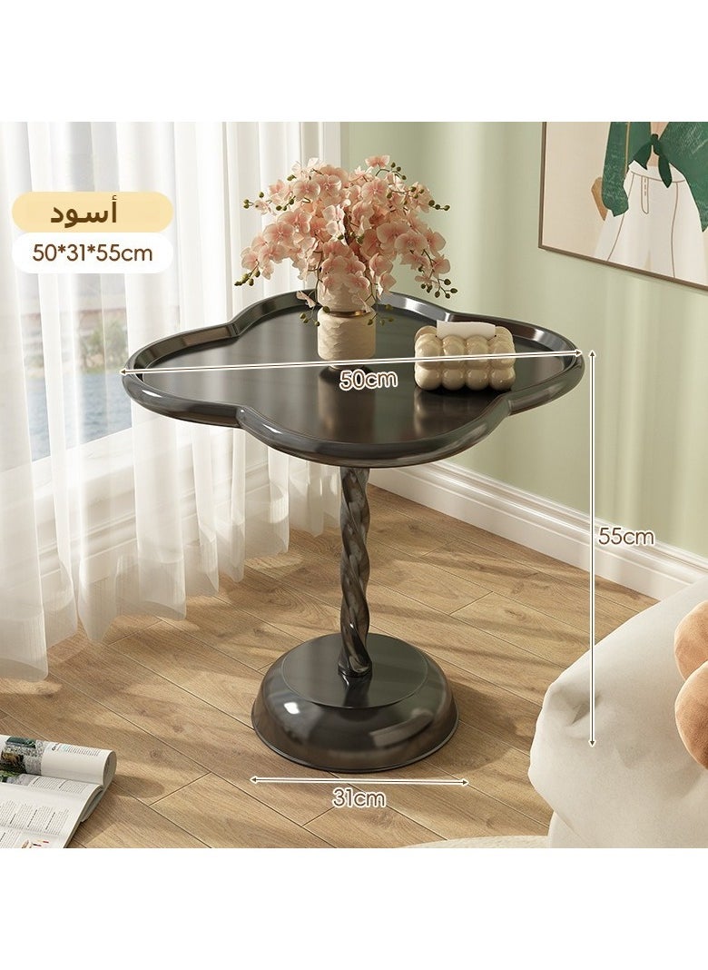 طاولة نهاية حديثة مقاس 50 × 55 سم للمساحات الصغيرة، طاولة نهاية مستديرة، طاولة بقاعدة مزخرفة، طاولة قهوة صغيرة على شكل البرسيم، طاولة جانبية لغرفة المعيشة للأريكة والأريكة وفناء الكرسي، أسود