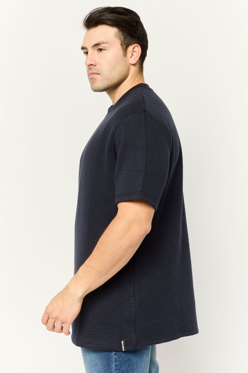 Threadbare Men Ribbed Neck Short Sleeves Herringbone T-Shirt, Navy - Image 3