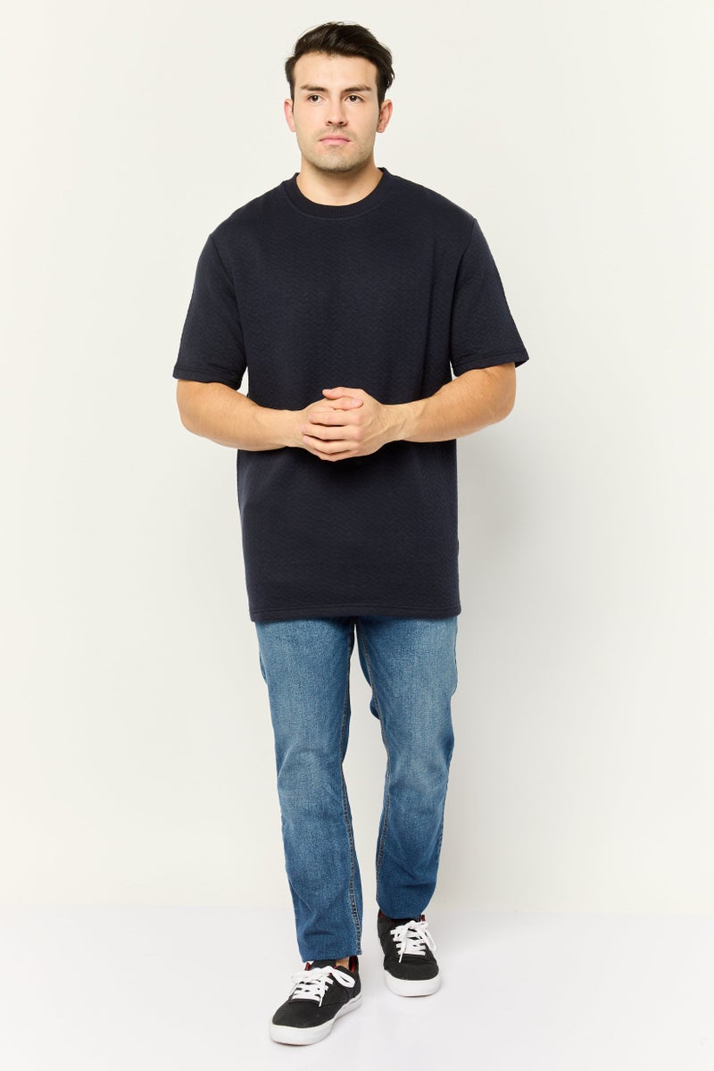 Threadbare Men Ribbed Neck Short Sleeves Herringbone T-Shirt, Navy - Image 2