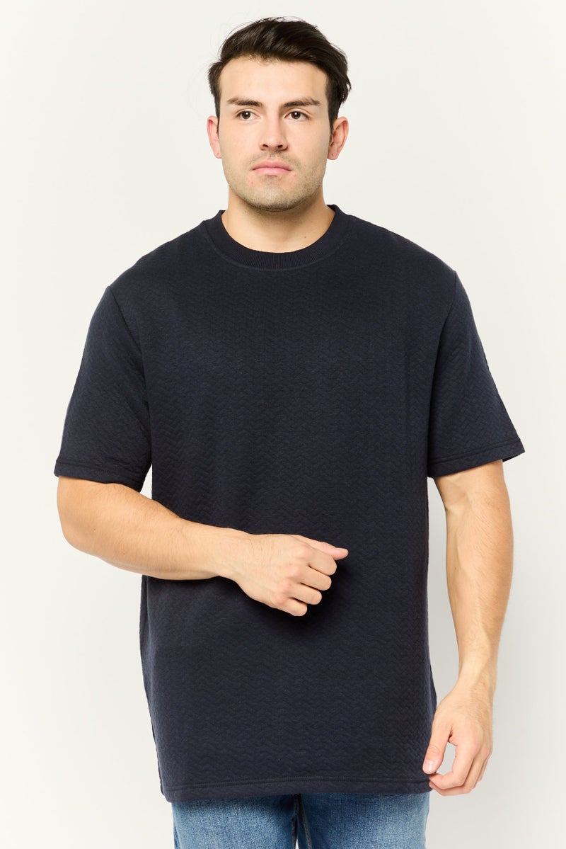 Threadbare Men Ribbed Neck Short Sleeves Herringbone T-Shirt, Navy - Image 1