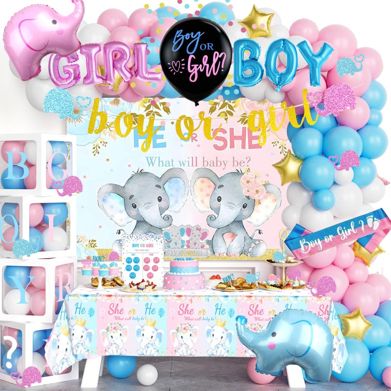 172 PCs Elephant Gender Reveal Decorations Hombae Boy or Girl Gender Reveal Decorations What Will Baby Be Backdrop Balloon Garland Banner Tablecloth Cake Cupcake Topper Box Cutout Poster Sash