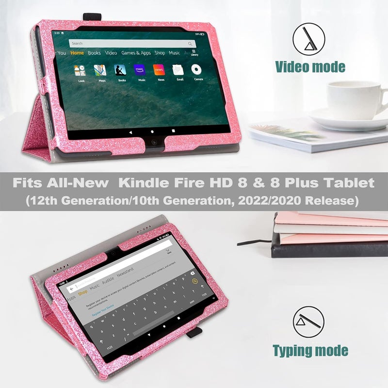 ايسدريم غلاف للوحة Fire HD 8 & 8 Plus الجديدة تمامًا (الجيل الثاني عشر/الجيل العاشر، إصدار 2022/2020)، غلاف فوليو من الجلد، حامل قابل للطي، تشغيل/إيقاف تلقائي، حزام يد، فتحات بطاقات، وردي لامع - Image 3