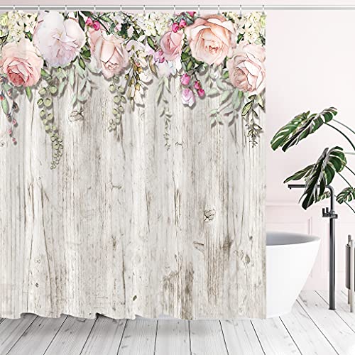 Tititex Pink Roses Flower Shower Curtain Sets, Blossoming Floral on Rutic Grey Wood Bathroom Decorative 70 X 70 Inch Polyester Waterproof Fabric Bathroom Curtain with Hooks - Image 1
